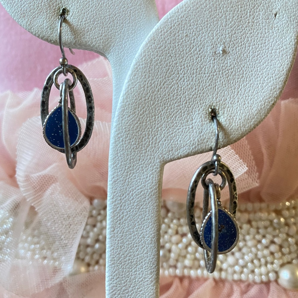 Silver Tone Oval Drop Earrings Blue Faux Stone Boho‎ Chic Glam